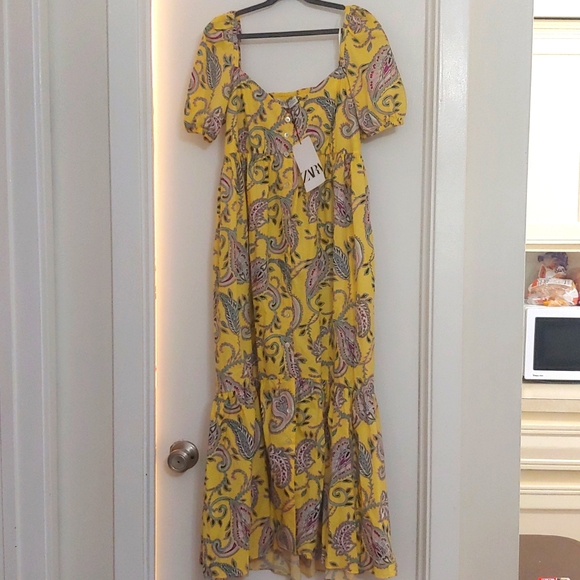Zara Yellow Paisley Print Maxi Dress XS - Picture 2 of 8